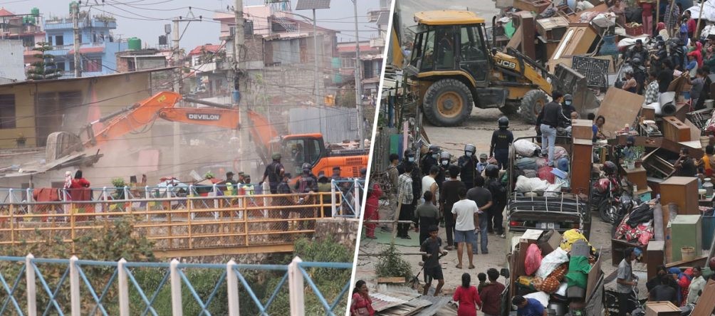 सुकुमवासी बस्तीका दृश्य : एकातिर डोजर, अर्कातिर प्याकिङ